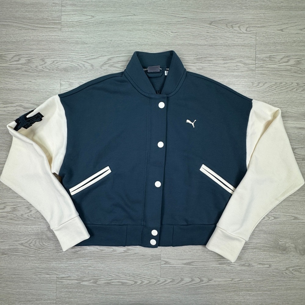 Puma Womens Bomber Jacket Varsity Snap Front Teal White Large Train Pockets